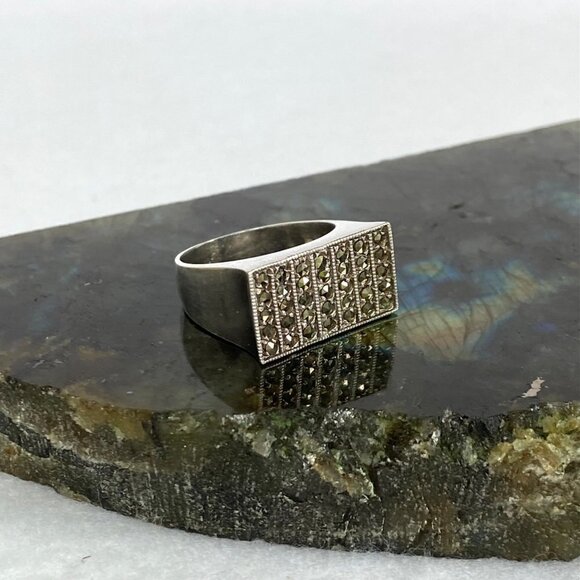 VTG Sterling Silver 925 7 Row Marcasite Rectangular Wide Band Ring Sz 5.5 - Picture 4 of 16